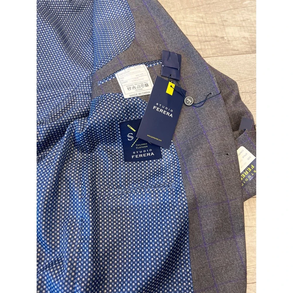 Studio Ferera Grey Plaid‎ Modern Fit Suit Blazer Men's 48R